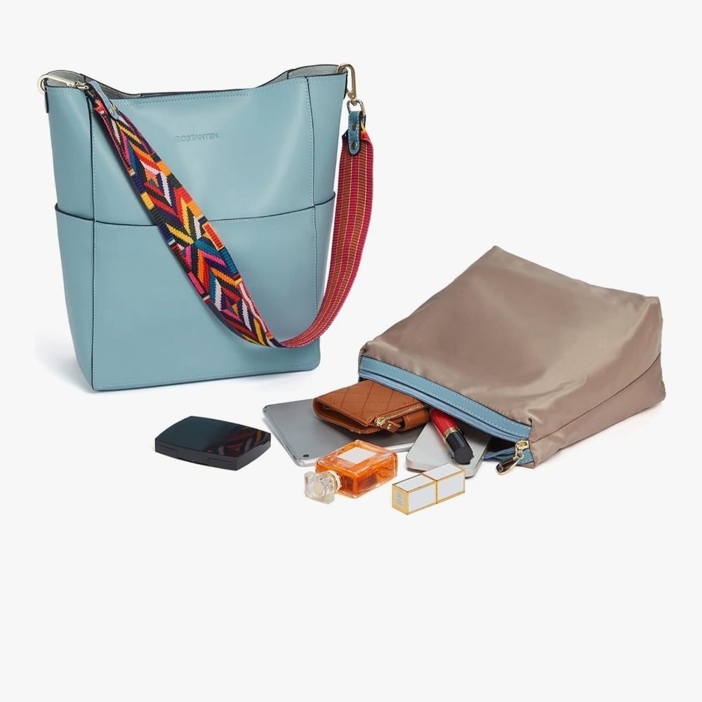 Stylish Sky Blue Leather Shoulder Bag - Picture 3 of 5